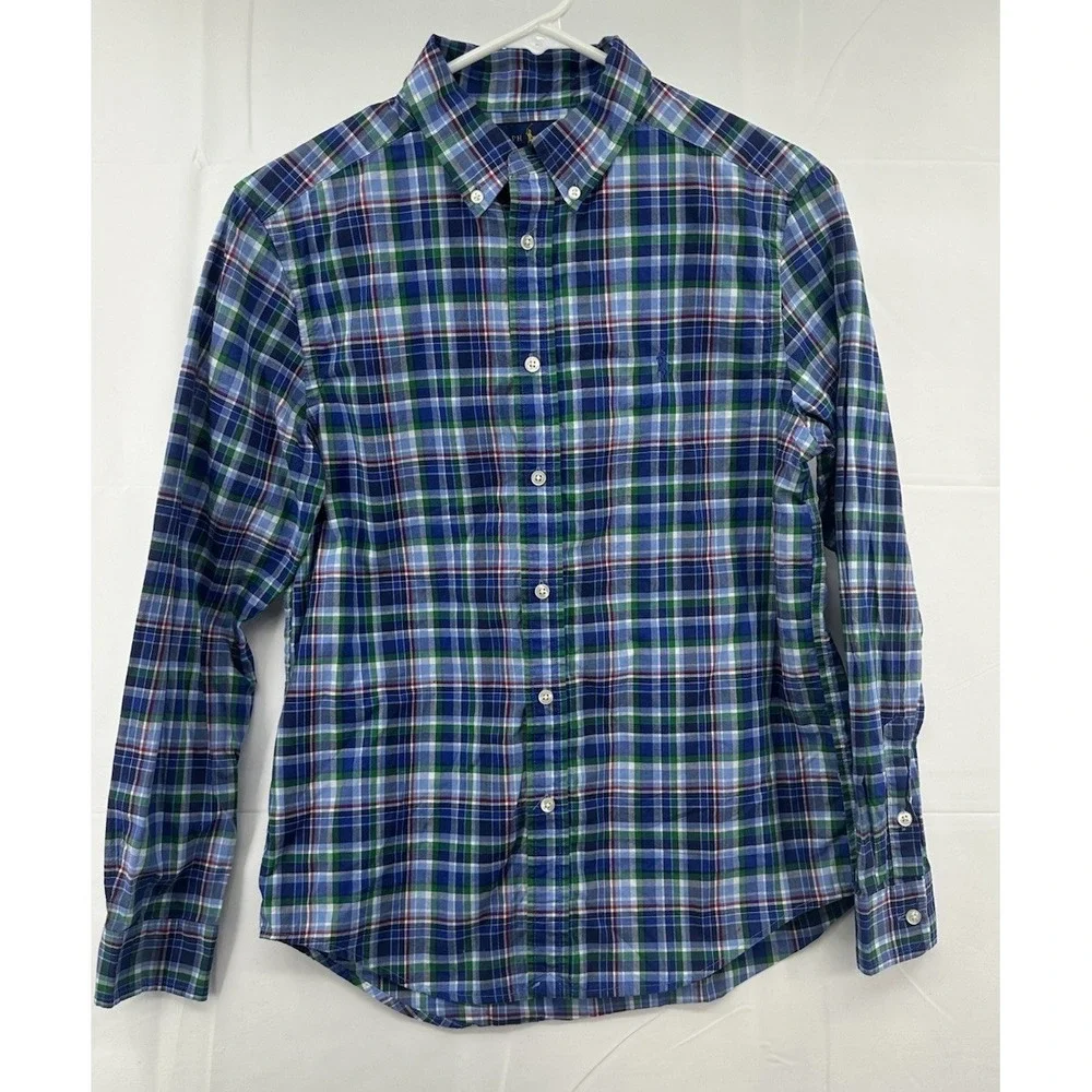 Ralph Lauren Youth Boys Shirt Large  14-16 Blue Plaid Long Sleeve Button Down‎